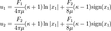 \begin{align}
u_1 & = \cfrac{F_1}{4\pi\mu}(\kappa+1)\ln |x_1| + \cfrac{F_2}{8\mu}(\kappa-1)\text{sign}(x_1) \\
u_2 & = \cfrac{F_2}{4\pi\mu}(\kappa+1)\ln |x_1| +\cfrac{F_1}{8\mu}(\kappa-1)\text{sign}(x_1)
\end{align}