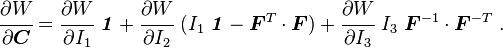 \cfrac{\partial W}{\partial \boldsymbol{C}} =
\cfrac{\partial W}{\partial I_1}~\boldsymbol{\mathit{1}} +
\cfrac{\partial W}{\partial I_2}~(I_1~\boldsymbol{\mathit{1}} - \boldsymbol{F}^T\cdot\boldsymbol{F}) +
\cfrac{\partial W}{\partial I_3}~I_3~\boldsymbol{F}^{-1}\cdot\boldsymbol{F}^{-T} ~.