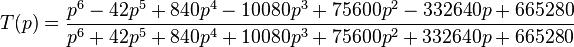 T(p)= \frac{p^6-42p^5+840p^4-10080p^3+75600p^2-332640p+665280}{p^6 + 42p^5 + 840p^4 + 10080p^3 + 75600p^2+332640p+665280}