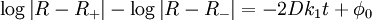 \log \left| R - R_{+} \right| - \log \left| R - R_{-} \right| = -2Dk_{1}t + \phi_{0}