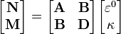 \begin{bmatrix}
\mathbf{N} \\
\mathbf{M} \end{bmatrix} =
\begin{bmatrix}
\mathbf{A} & \mathbf{B} \\
\mathbf{B} & \mathbf{D}
\end{bmatrix} \begin{bmatrix}
\varepsilon^0 \\
\kappa \end{bmatrix}