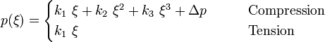 p(\xi) = \begin{cases}
k_1~\xi + k_2~\xi^2 + k_3~\xi^3 + \Delta p & \qquad \text{Compression} \\
k_1~\xi & \qquad \text{Tension}
\end{cases}