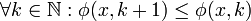 \forall k \in \mathbb{N} : \phi(x,k+1) \leq \phi(x,k)