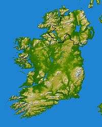 Topographical map of Ireland, incorporating the border between Northern Ireland and the Republic of Ireland.
