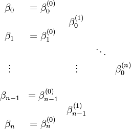 \begin{matrix}
\beta_0 & = \beta_0^{(0)} & & & \\
& & \beta_0^{(1)} & & \\
\beta_1 & = \beta_1^{(0)} & & & \\
& & & \ddots & \\
\vdots & & \vdots & & \beta_0^{(n)} \\
& & & & \\
\beta_{n-1} & = \beta_{n-1}^{(0)} & & & \\
& & \beta_{n-1}^{(1)} & & \\
\beta_n & = \beta_n^{(0)} & & & \\
\end{matrix}