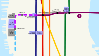 A map of the subway extension, showing that the extension goes from Times Square to the intersection of 11th Avenue and 34th Street.