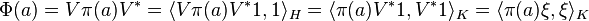 \Phi(a) = V \pi (a) V^* = \langle V \pi (a) V^* 1, 1 \rangle _H = \langle \pi (a) V^* 1, V^* 1 \rangle _K = \langle \pi (a) \xi, \xi \rangle _K