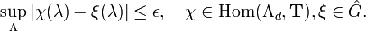\sup_\Lambda |\chi(\lambda)-\xi(\lambda)| \leq \epsilon, \quad
\chi\in\operatorname{Hom}(\Lambda_d,\mathbf{T}), \xi\in\hat{G}.