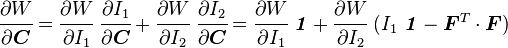 \cfrac{\partial W}{\partial \boldsymbol{C}} =
\cfrac{\partial W}{\partial I_1}~\cfrac{\partial I_1}{\partial \boldsymbol{C}} +
\cfrac{\partial W}{\partial I_2}~\cfrac{\partial I_2}{\partial \boldsymbol{C}}
= \cfrac{\partial W}{\partial I_1}~\boldsymbol{\mathit{1}} +
\cfrac{\partial W}{\partial I_2}~(I_1~\boldsymbol{\mathit{1}} - \boldsymbol{F}^T\cdot\boldsymbol{F})