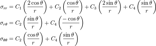 \begin{align}
\sigma_{rr} & = C_1\left(\frac{2\cos\theta}{r}\right) +
C_2\left(\frac{\cos\theta}{r}\right) +
C_3\left(\frac{2\sin\theta}{r}\right) +
C_4\left(\frac{\sin\theta}{r}\right) \\
\sigma_{r\theta} & = C_2\left(\frac{\sin\theta}{r}\right) +
C_4\left(\frac{-\cos\theta}{r}\right) \\
\sigma_{\theta\theta} & = C_2\left(\frac{\cos\theta}{r}\right) +
C_4\left(\frac{\sin\theta}{r}\right)
\end{align}