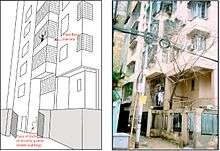 Sketch and photograph of Anand Apartments showing third floor balcony and place of duty of security guard, together with actual photograph