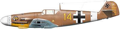 A fighter aircraft, shown in profile, viewed from the left. The aircraft is brown, with a white nose. Decorations include a yellow 14, white lines, black and white crosses on the body and on bottom of the wing, and a black swastika on the tail; the rudder bears a white 100 in a wreath and 52&nbsp;small vertical black lines arranged in five blocks of varying length.