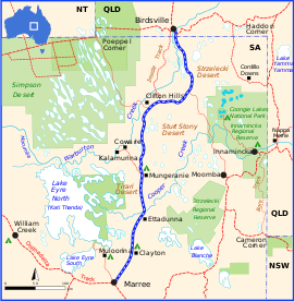 Map showing the route of the Birdsville track