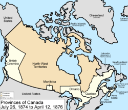 Map of the country of Canada on June 26, 1874, depicting the postage stamp sized province of Manitoba along with the provinces of Ontario northern border extended to the 51st parallel north, Prince Edward Island, Quebec (southern portion only), New Brunswick, British Columbia and Nova Scotia in the colour white. North-West Territories are depicted in the colour pink. The area called Newfoundland, Labrador, Alaska, and the northerly Islands are depicted in bluish grey colour, and are not a part of Canada.