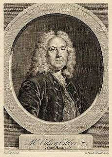 Line engraving of a pudgy late-middle-aged man from the 18th century, wearing a full wig, velvet jacket, waistcoat and cravat, looking through a faux-architectural roundel, above a plinth bearing his name: Mr Colley Cibber, Anno Ætatis 67.