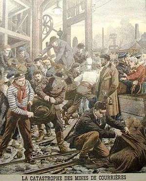 Highly idealised colour illustration showing rescue operations of the Courrières mine disaster