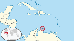 Location of &nbsp;Curaçao&nbsp;&nbsp;(circled in red)in the Caribbean&nbsp;&nbsp;(light yellow)