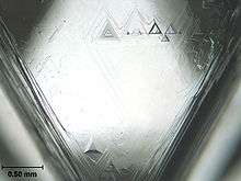 A triangular facet of a crystal having triangular etch pits with the largest having a base length of about 0.2 millimetres (0.0079 in)