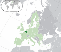 Location of &nbsp;Belgium&nbsp;&nbsp;(dark green)–&nbsp;in Europe&nbsp;&nbsp;(green &&nbsp;dark grey)–&nbsp;in the European Union&nbsp;&nbsp;(green)