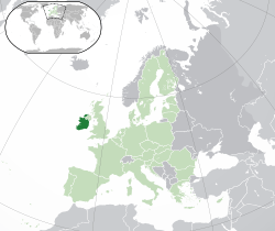 Location of &nbsp;Ireland&nbsp;&nbsp;(dark green)–&nbsp;in Europe&nbsp;&nbsp;(green &&nbsp;dark grey)–&nbsp;in the European Union&nbsp;&nbsp;(green)