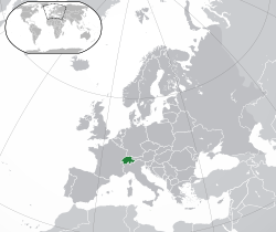 Location of Switzerland (green)in Europe (green & dark grey)