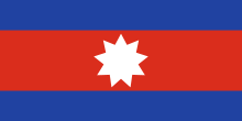 A horizontal triband (blue, red, blue) with a white 9-pointed star in the center