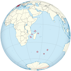 Location of &nbsp;French Southern and Antarctic Lands&nbsp;&nbsp;(circled in red)in the Indian Ocean&nbsp;&nbsp;(light yellow)