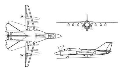 A line drawing of the F-11B showing front, top, and side view.