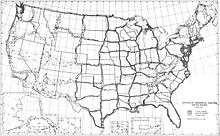 Map of United States with networks of triangles running roughly north-south and east-west across country; empty spaces several hundred miles wide in between