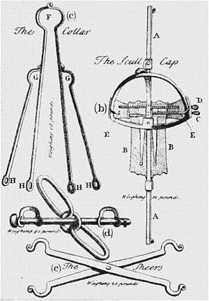 Drawings of five different metallic implements, labelled with letters and names. One is labelled "The Scull Cap," and has a head-shaped round metal frame attached to a long vertical rod, with two long screws penetrating the inner space of the round frame. Another labelled "The Sheers" is a scissor-like device, hinged in the middle, with pairs of hooks on both ends. All devices have their weights written next to them, ranging from 12 to 40&nbsp;lb (5.4 to 18.1&nbsp;kg).