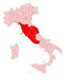 "A picture showing Central Italy highlighted in red in a political map of Italy."