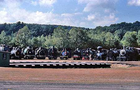 a photograph of locomotives at the turntable at Steamtown, U.S.A., Bellows Falls, Vermont