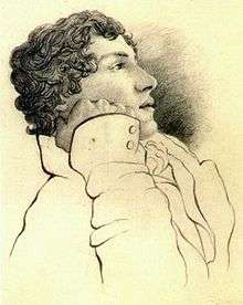 Portrait in pencil of a man in his mid-twenties with medium-length curly hair. He is leaning on his right arm and faces right. He is wearing a white jacket.