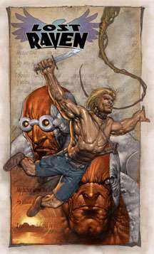 Cover of Lost Raven, written by Darren G. Davis, art by Kue Cha, published by Bluewater Productions. A muscular white male, shirtless and clutching a sword, is flying toward the viewer. In the background are two shady villainous-looking creatures who look almost cyborg-like. Faintly in the far background are what look like diary pages and a vine.