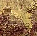 A painting of a temple with wide eaves situated on top of a hill. The branches of trees obstruct the view of the temple.