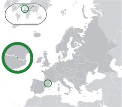 Location of &nbsp;Andorra&nbsp;&nbsp;(center of green circle)in Europe&nbsp;&nbsp;(dark grey)&nbsp; –&nbsp; [Legend]