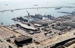 Long Beach Naval Shipyard in 1993; can be seen in Dry Dock no. 1.