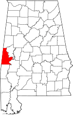 Map of Alabama highlighting Sumter County