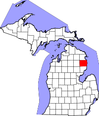 Map of Michigan highlighting Alcona County