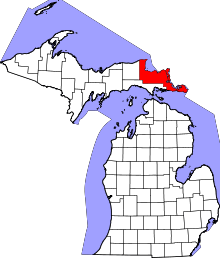 Map of Michigan highlighting Chippewa County