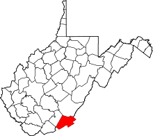Map of West Virginia highlighting Monroe County