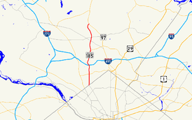 A map of southern Montgomery County in Maryland showing major roads. Maryland Route 185 connects Washington, D.C. with Chevy Chase, Kensington, and Aspen Hill.