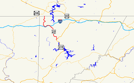 A map of northern Garrett County, Maryland showing major roads. Maryland Route 42 connects Friendsville with US 219 near Deep Creek Lake.