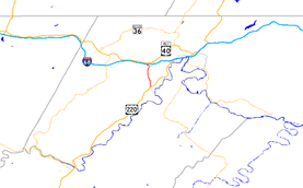 A map of western Allegany County, Maryland showing major roads. Maryland Route 53 runs from Cresaptown north to La Vale