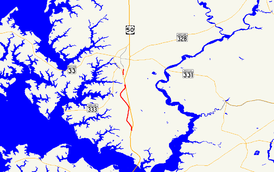 A map of southern Talbot County, Maryland showing major roads. MD 565 consists of multiple sections along US 50 between Trappe and Easton.