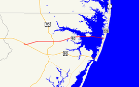 A map of northern Worcester County showing major roads. Maryland Route 90 runs from US 50 near Whaleyville to the northern part of Ocean City.