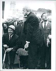 Mayor John Collins and Archbishop Richard Cardinal Cushing at ground breaking of new City Hall, circa 1963-1965