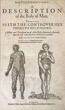 Title page of Helkiah's Crooke's text Microsmographiia: A Description of the Body of Man; underneath the title text are two naked, standing figures which face the viewer frontally; one figure is male and the other female; the male figure, whose upper torso is slightly turned to the right with its left hand hidden behind its back, is rendered to reveal the nervous system; the female figure's head is tilted to the right; its left hand covers one breast and its right hand covers its genitalia; the womb of the female figure is visible.