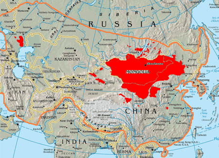 Topographic map showing Asia as centered on modern-day Mongolia and Kazakhstan. An orange line shows the extent of the Mongol Empire. Some places are filled in red. This includes all of Mongolia, most of Inner Mongolia and Kalmykia, three enclaves in Xinjiang, multiple tiny enclaves round Lake Baikal, part of Manchuria, Gansu, Qinghai, and one place that is west of Nanjing and in the south-south-west of Zhengzhou