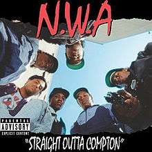 The members of N.W.A look down to the camera and Eazy-E points a gun to it